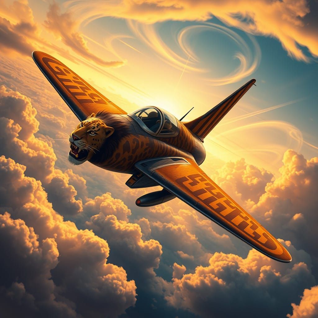 Regal Fighter Plane with Lion Motif and Leopard-Print Wings...