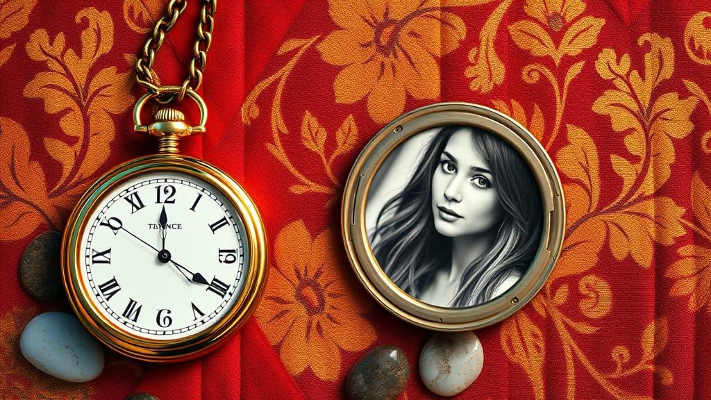 Golden Floral Tapestry with Nostalgic Pocket Watch
