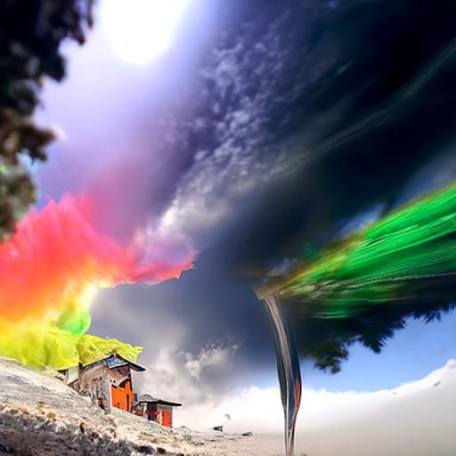 Rainbow Tornados Devastate Village: A Panorama Stock Photo