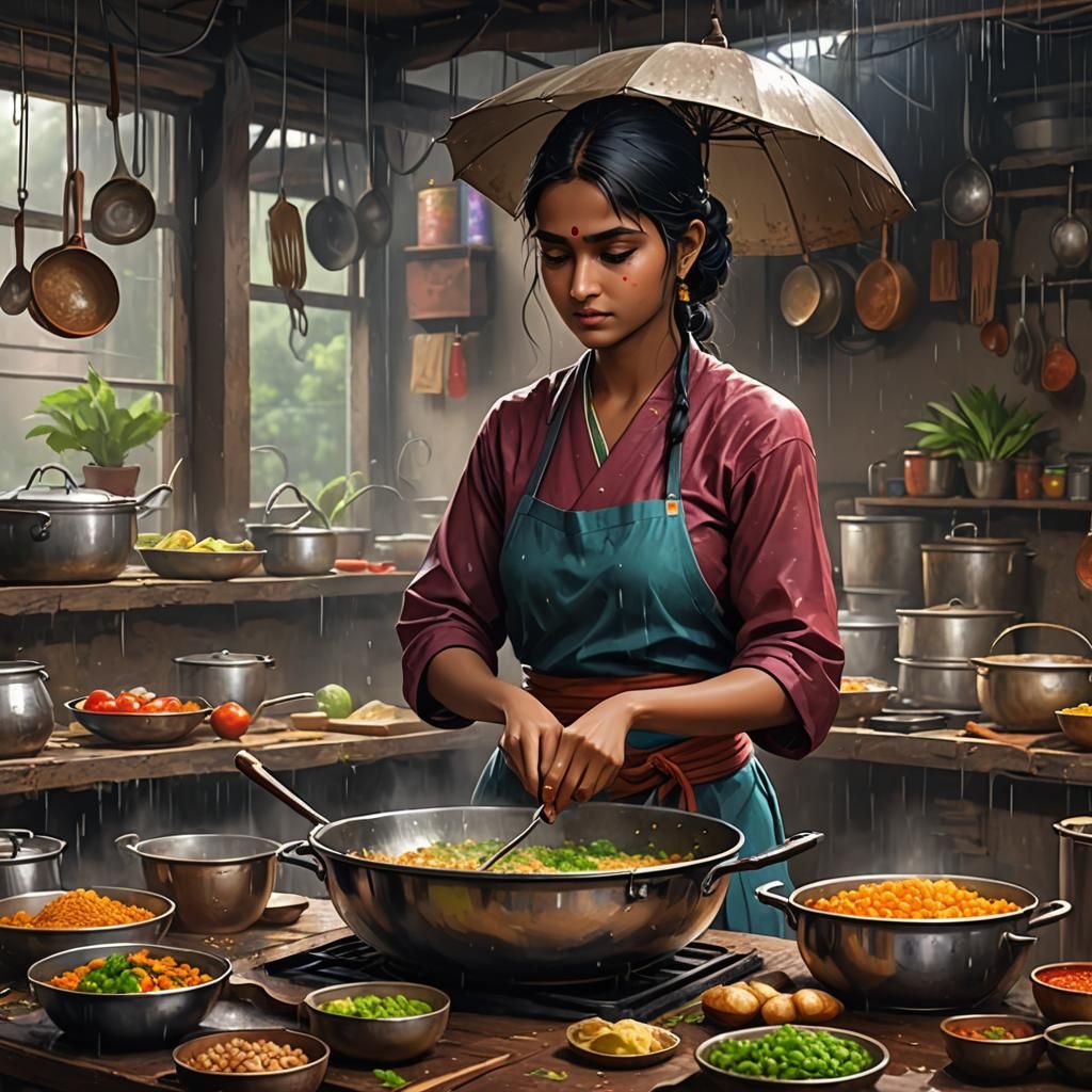 Indian Woman Cooking in Rain: Anime-Inspired 3D Art