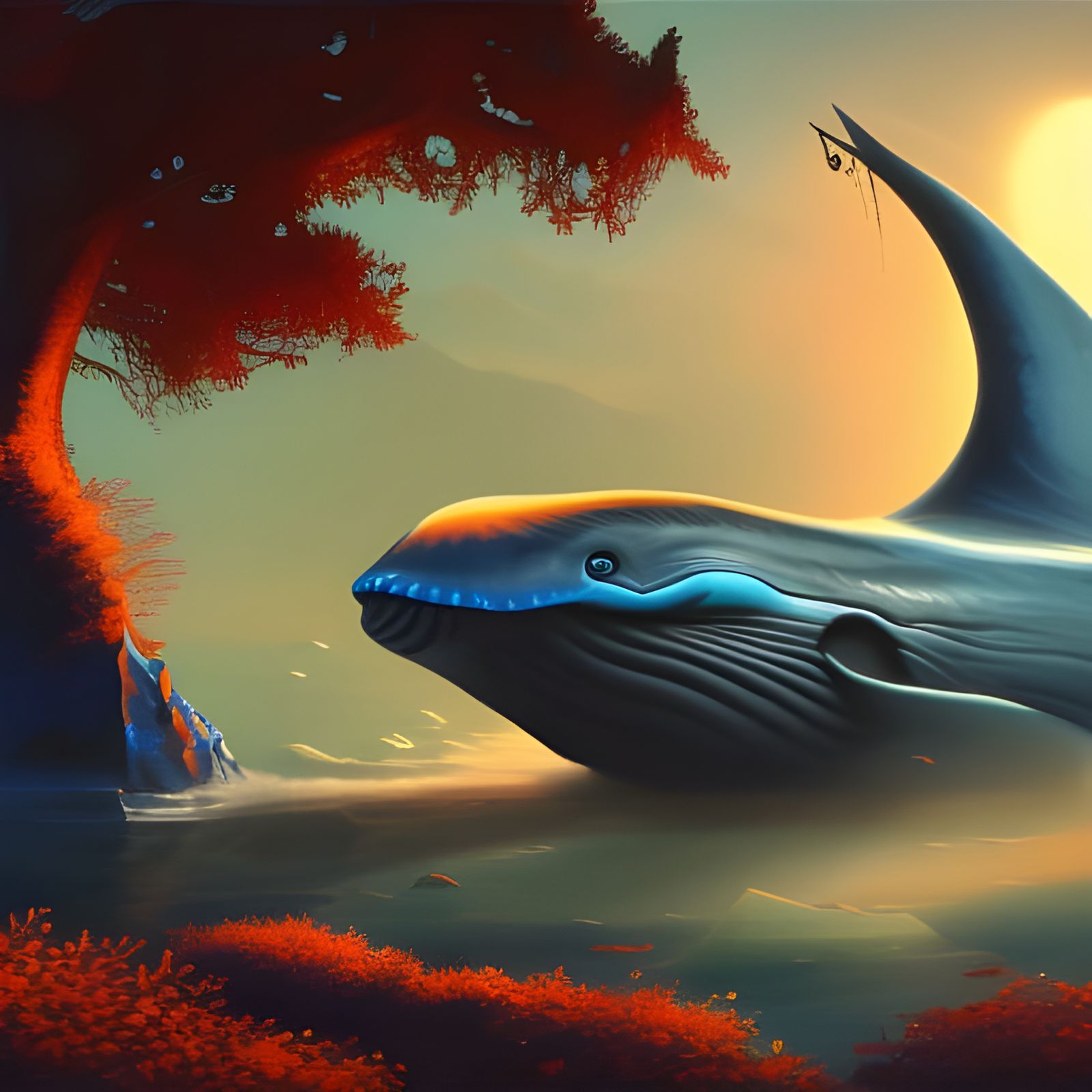 Detailed Blue Whale Matte Painting in Deep Color
