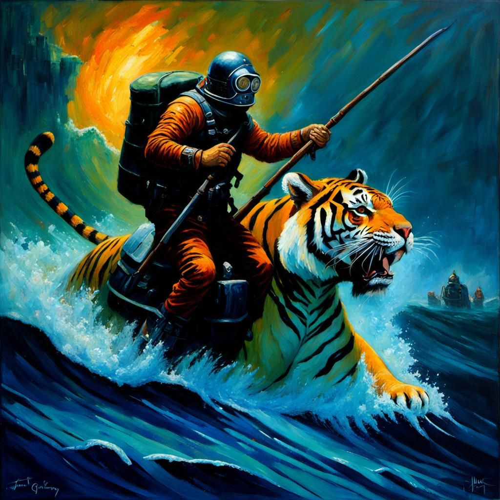 Surreal Oil Painting of a Diver Riding a Tiger