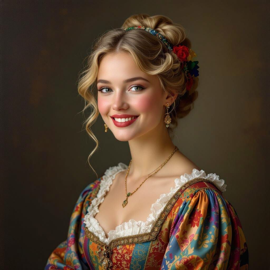 Elegant Blonde Woman in Rainbow Dress, Hyperrealistic Style