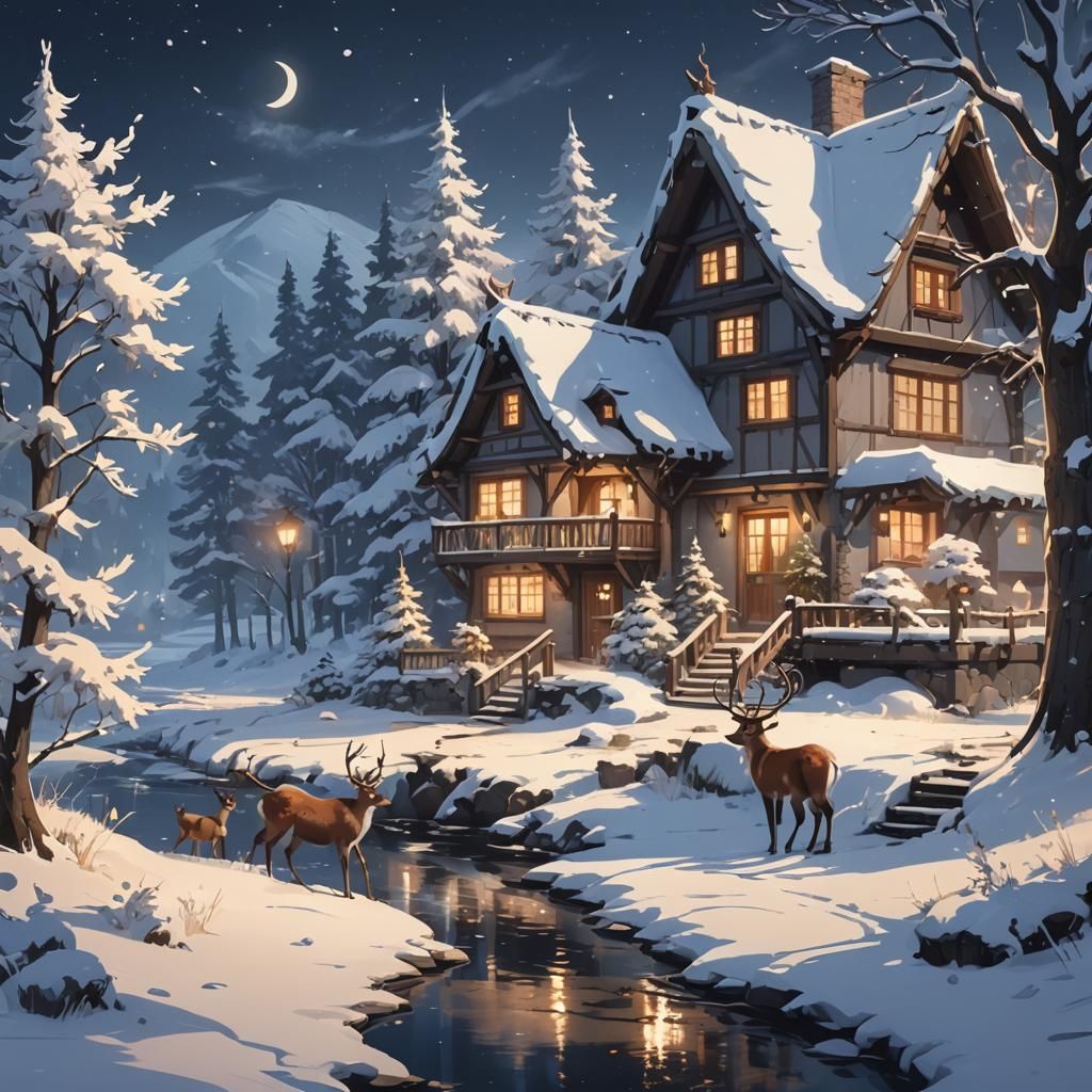 Snowy Cottage with Reindeer in Anime Style