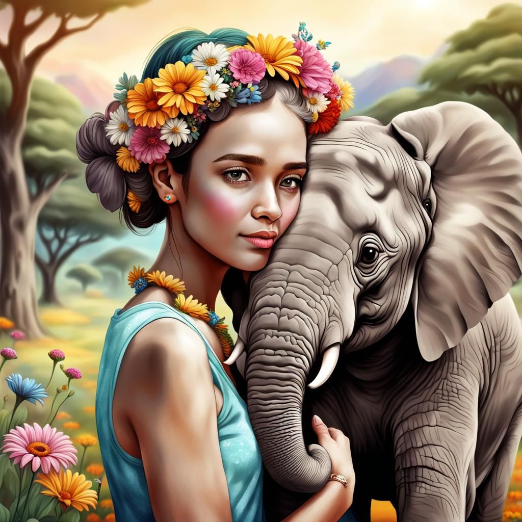 Woman Hugging Elephant in Savanna, Digital Art