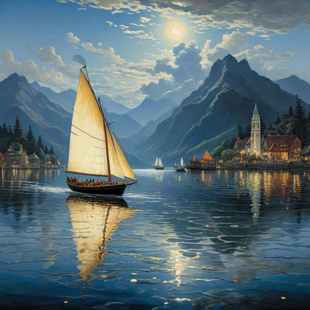 Sailboat on Starry Ocean in Impressionistic Style