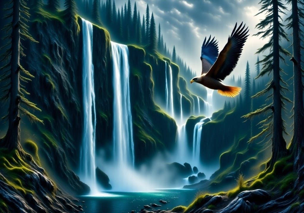 Golden Eagle Soaring Over Waterfall in Romantic Style