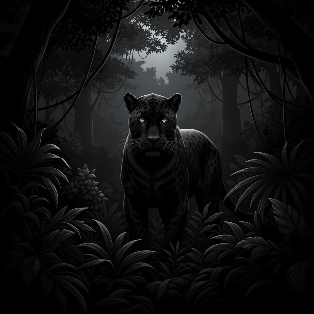 Sleek Black Panther in Moonlit Jungle Shadows