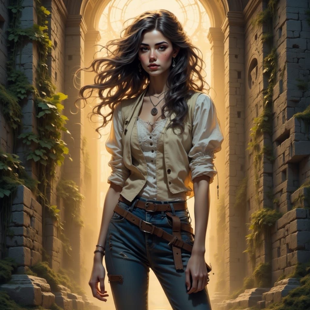 Young Woman Among Ancient Stone Walls in Dreamcore Haze