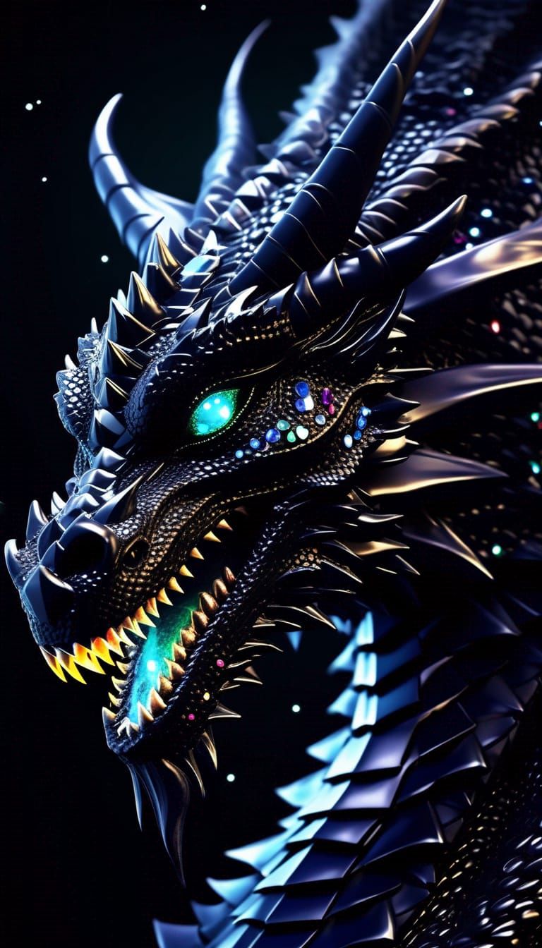 Mystical Black Dragon with Crystals in Flight