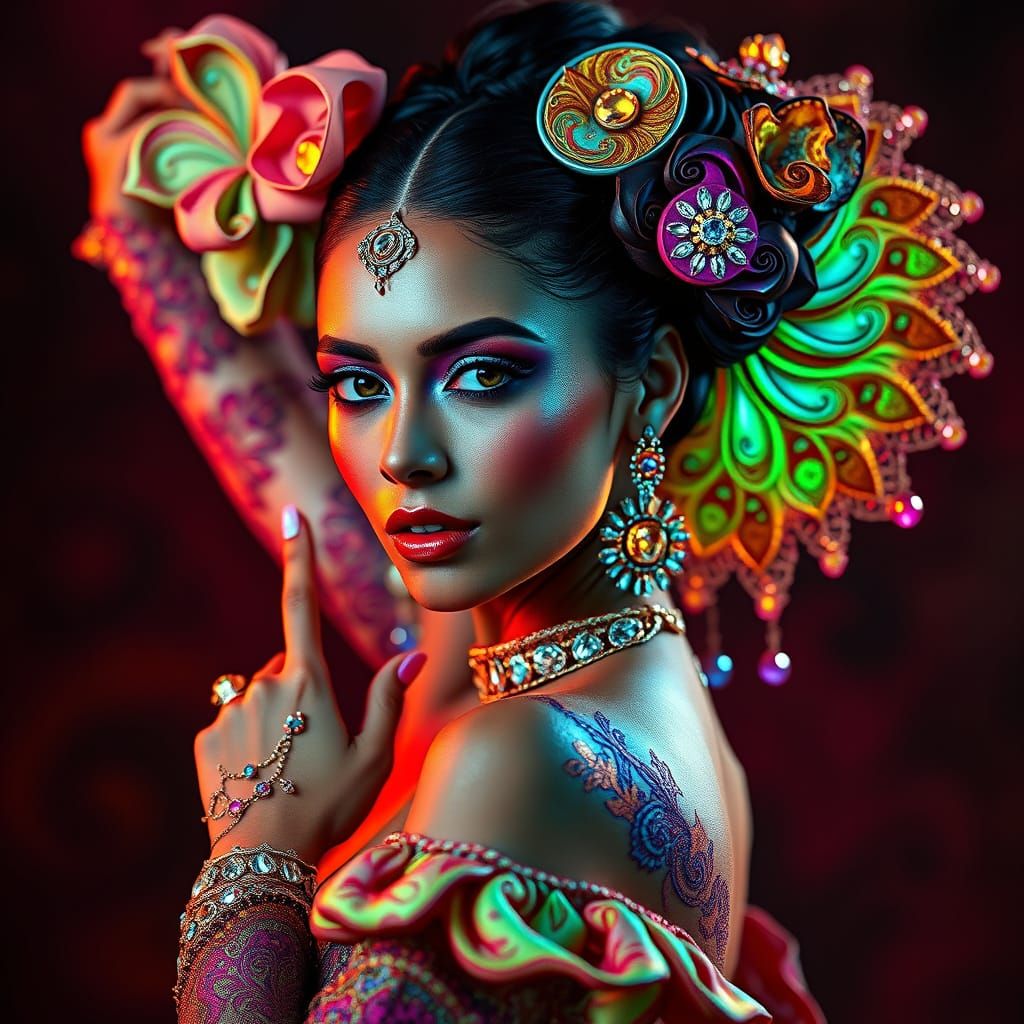 Hyperrealistic Portrait of a Flamenco Dancer in Futuristic A...