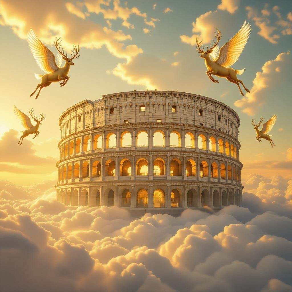 Golden Colosseum Floating in Sky with Winged Deer