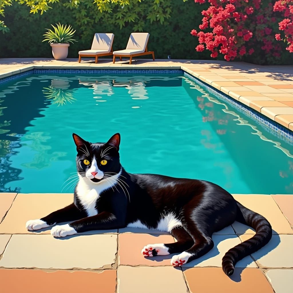 Tuxedo Cat Lounging Poolside in David Hockney Style