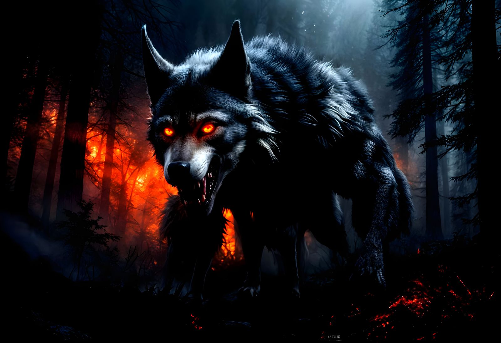 Colossal Gray Wolf Emerges from Dark Forest Fog