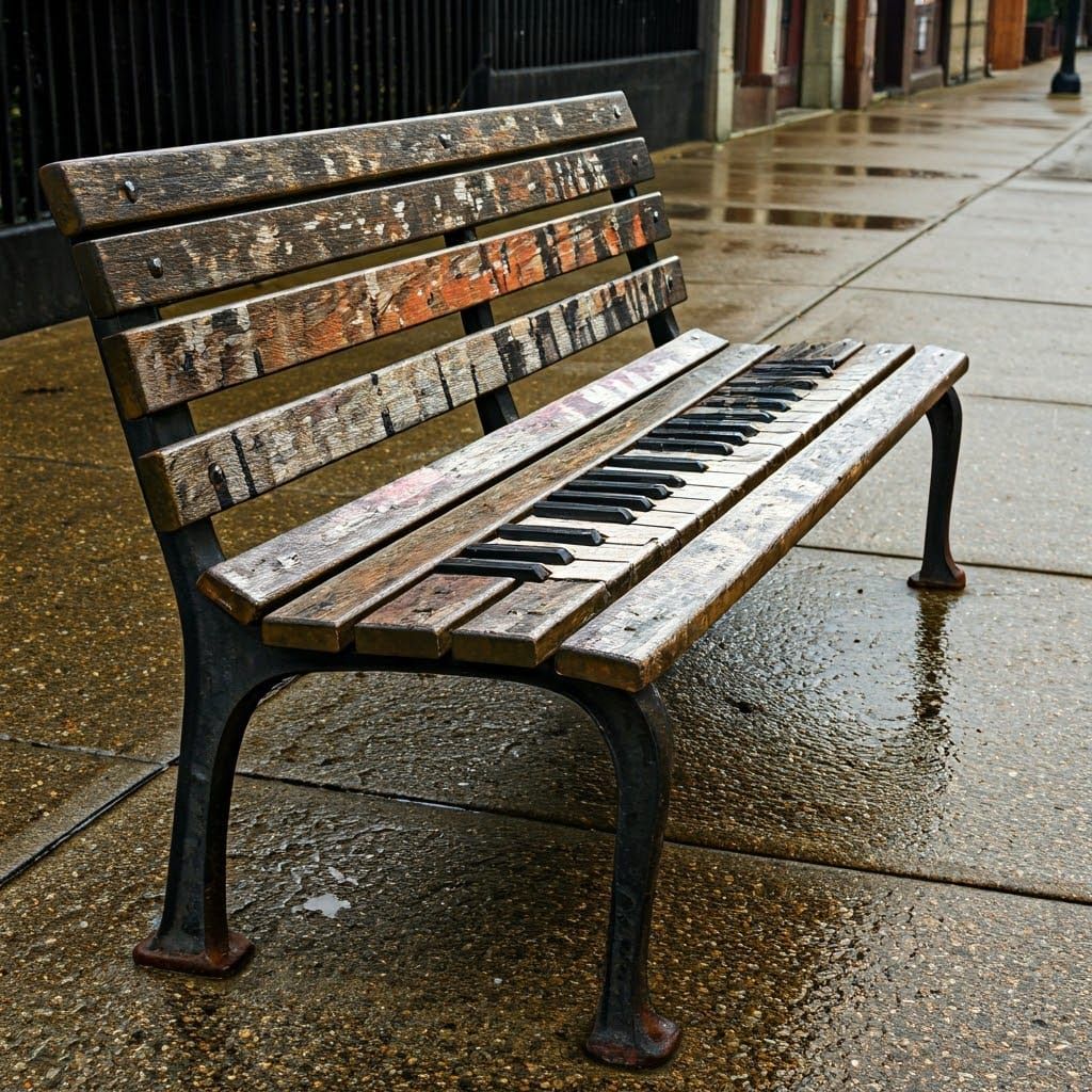 Worn Street Bench Transformed into Whimsical Piano Key Mural