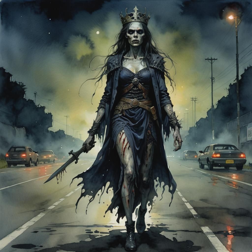 Zombie Queen Walks at Midnight: Dark Fantasy Watercolor