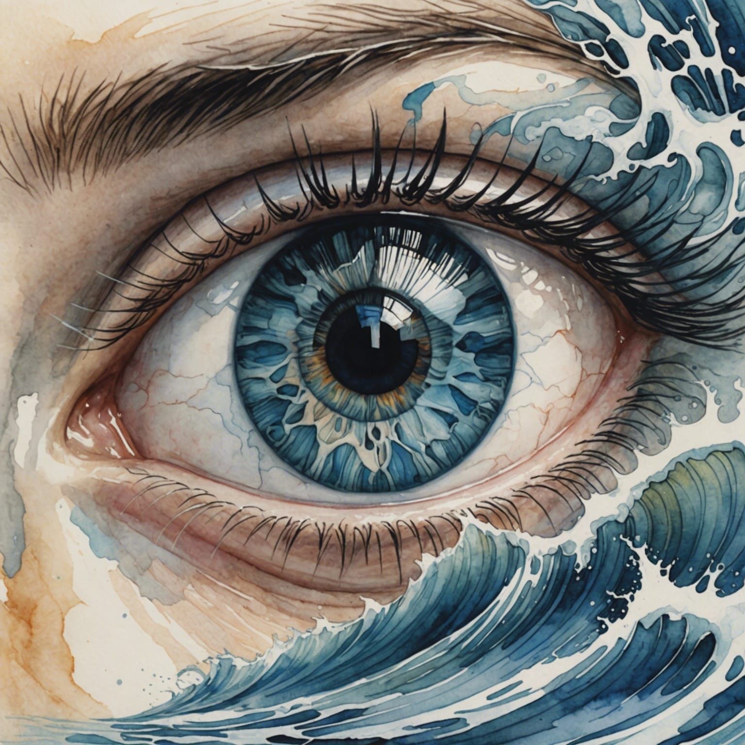 Mesmerizing Eye with Ocean Waves in Watercolor Style