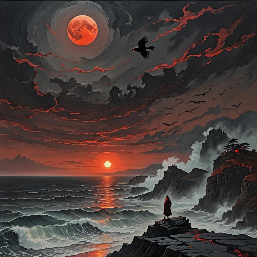 Surreal Dreamscape: Figure, Sea, and Ominous Moons