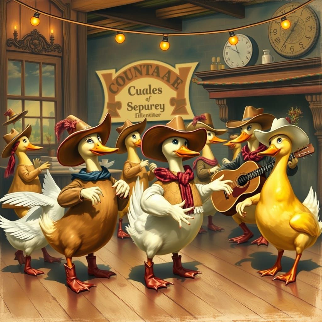 Ducks in Cowboy Hats Line Dance in a Country Night Club