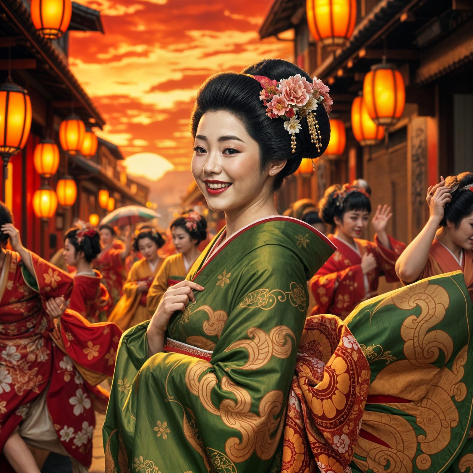 Geishas Dancing in Vibrant Crimson Sunset
