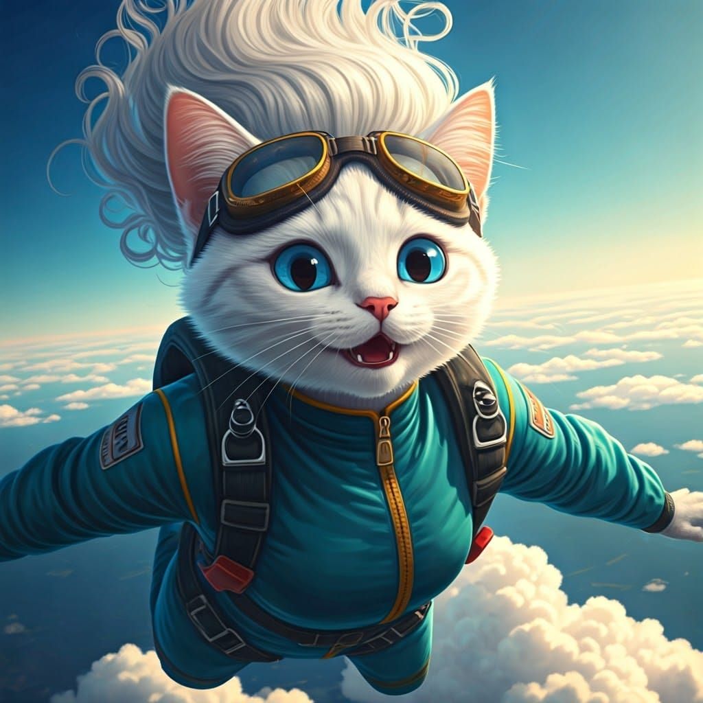 Anamorphic Cat's Skydiving Adventure in Anime Style