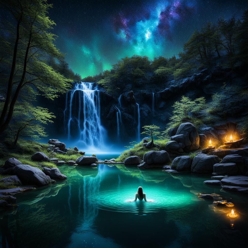 Witches' Bioluminescent Bath Under Galactic Skies