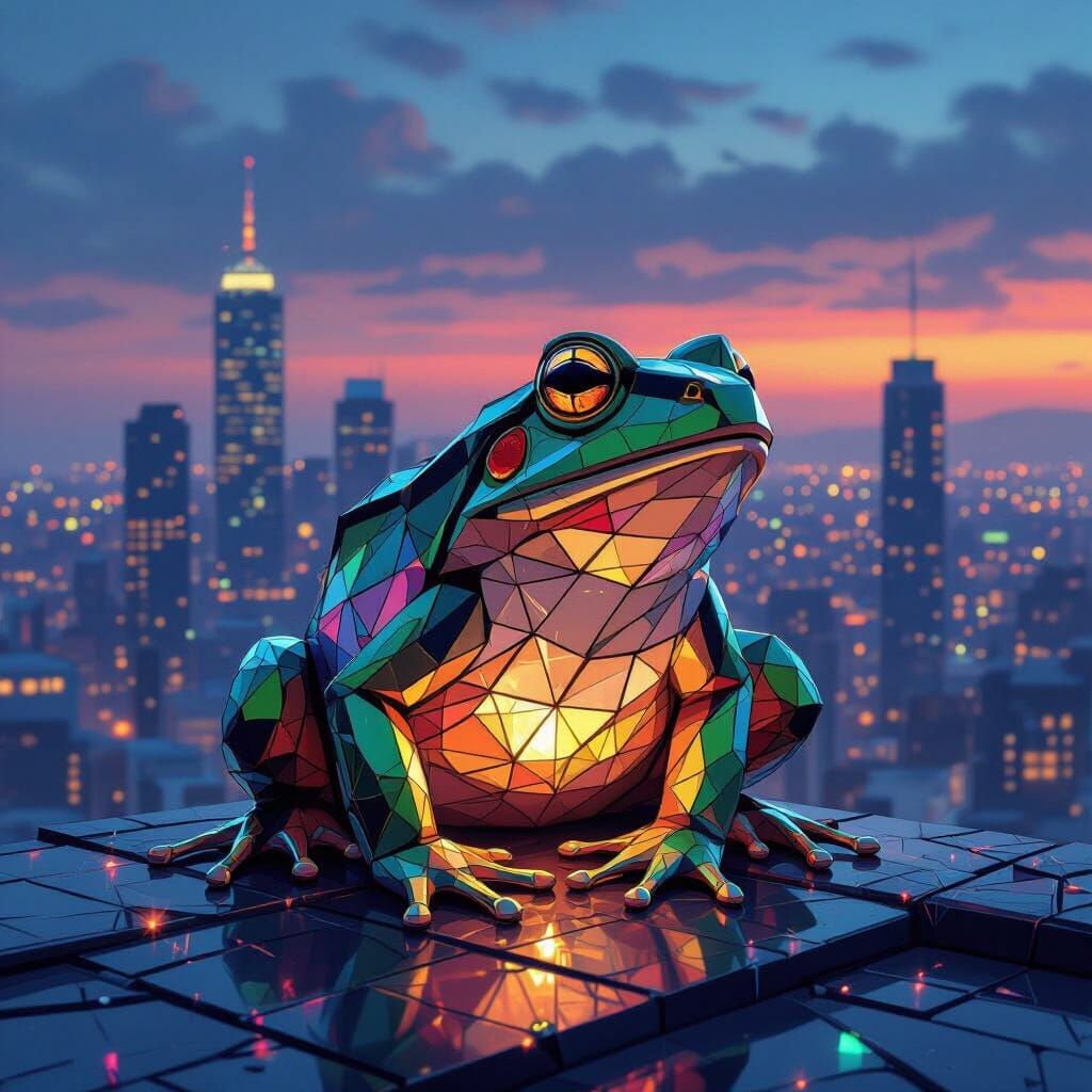 Geometric Stained Glass Frog Over Futuristic City