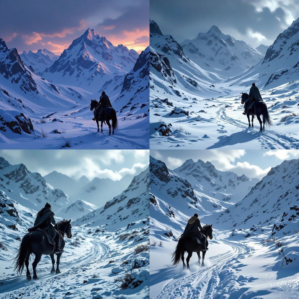 Lone Rider on Black Horse in Snowy Pass