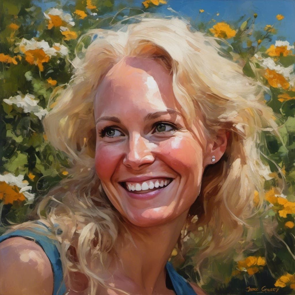Blonde Woman with Flowers, Oil Painting