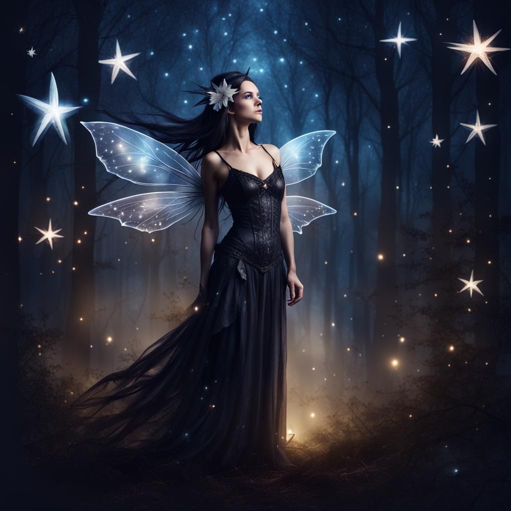 Enchanting Dark Fairy in a Starry Forest