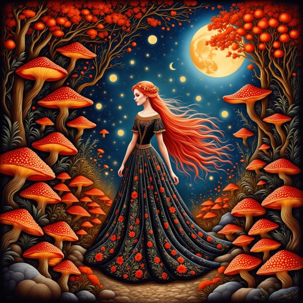 Maiden in Bioluminescent Grotto: Slavic Folk Art