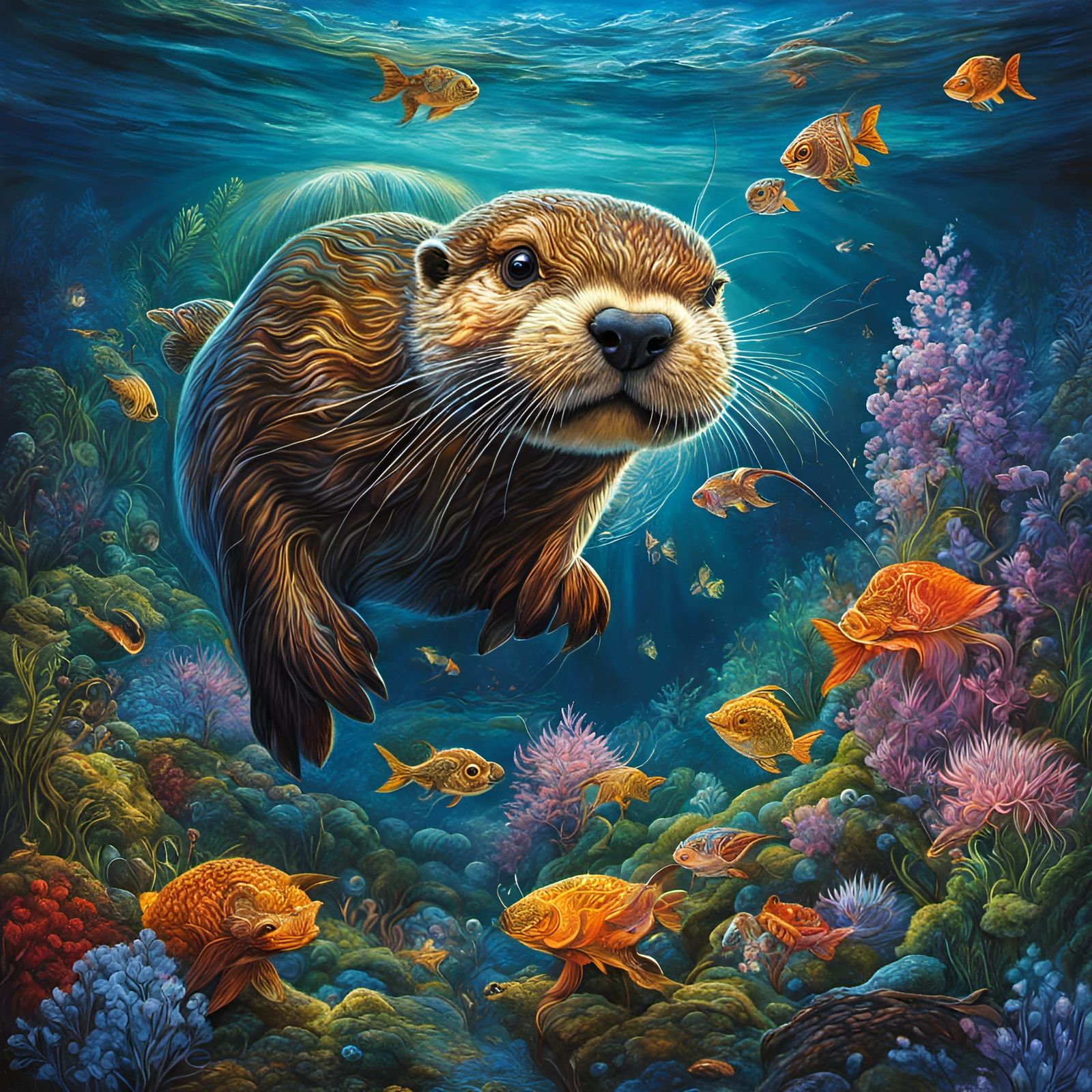 Otter Hunting Fish in Colorful Nebula