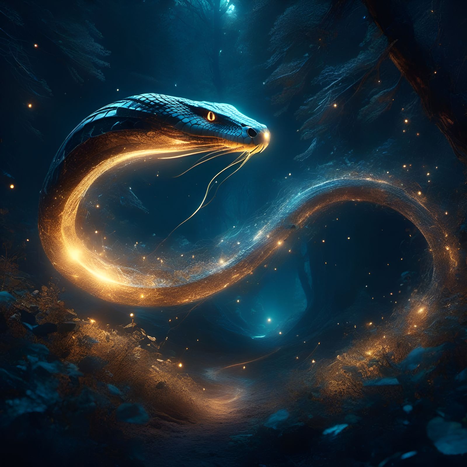 Ethereal Ghost Serpent in Starry Fantasy Forest