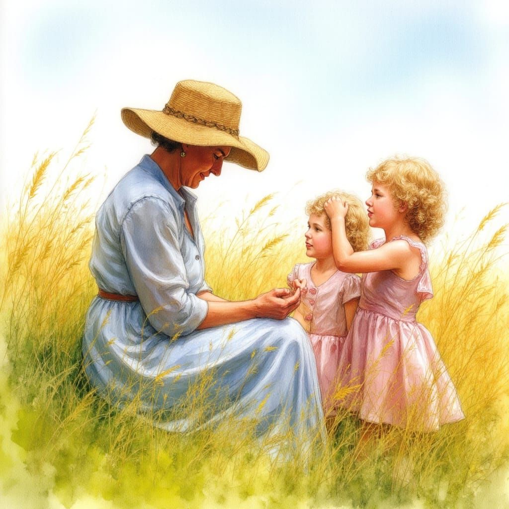 Grandmother and Grandchildren in a Sunlit Field, Watercolour...