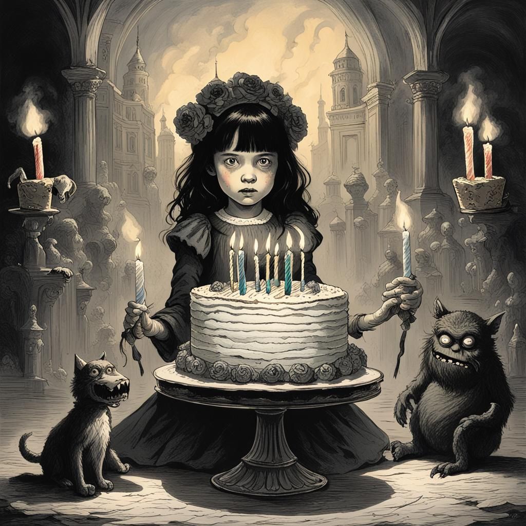 Girl with Birthday Cake in Doré Style