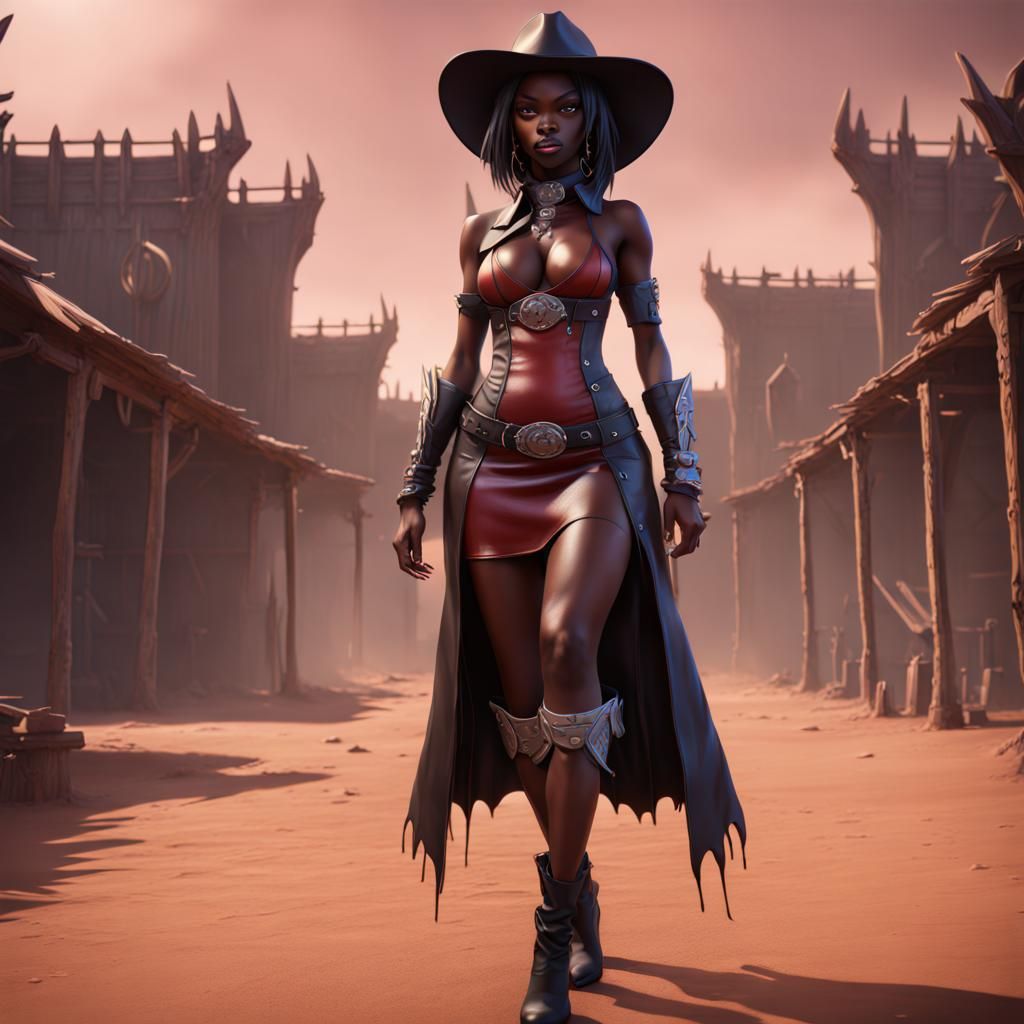 Anime African Vampire Cowgirl in Detailed Digital Painting