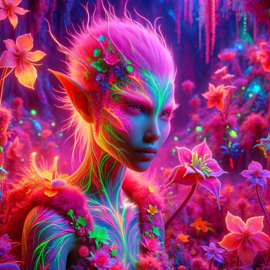 Neon Elf in Alien Landscape with Floral Attire