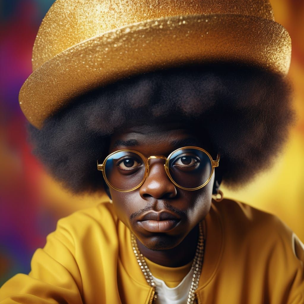 young Flavor flav with big afro haircut and had and glass