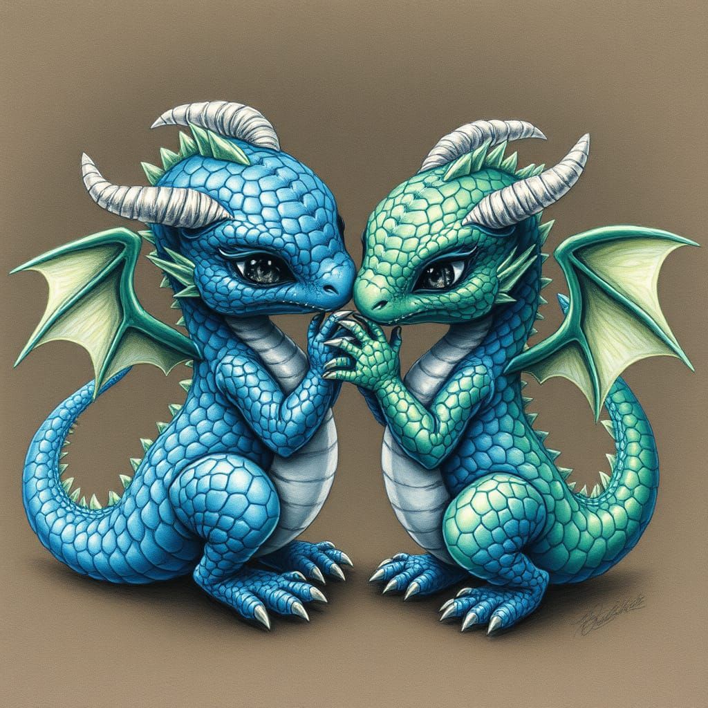 Twinned Miniature Dragons in Charcoal Drawing Style