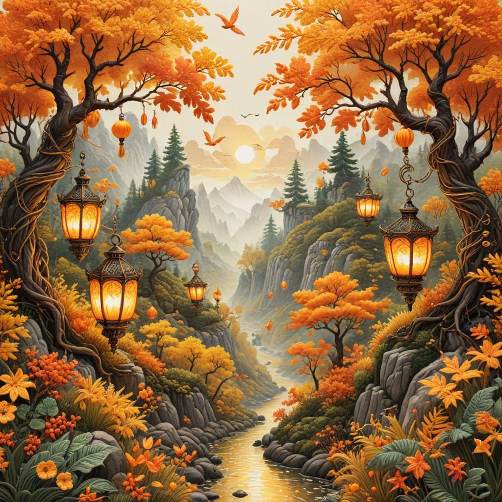 Embroidered Fantasy Forest with Lanterns