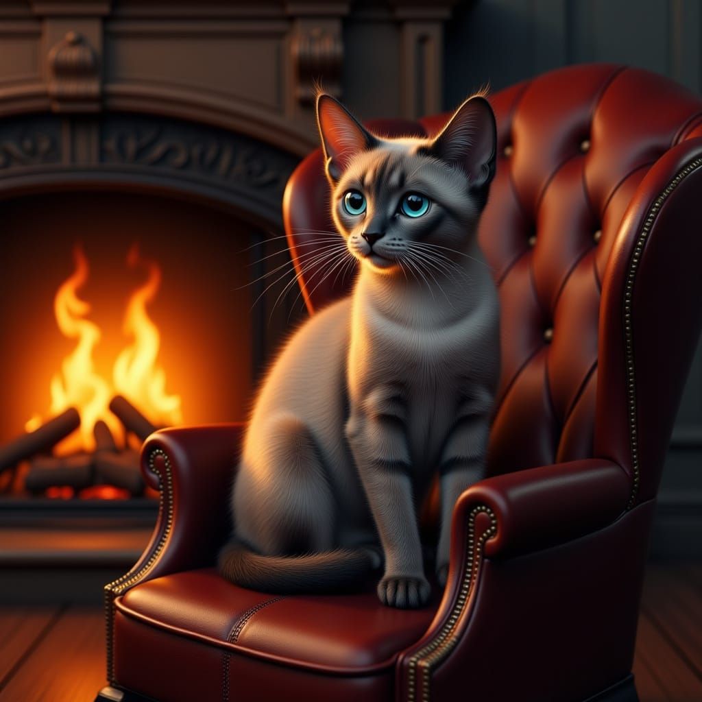 Siamese Cat on Leather Chair by Fireplace in Matte Painting ...