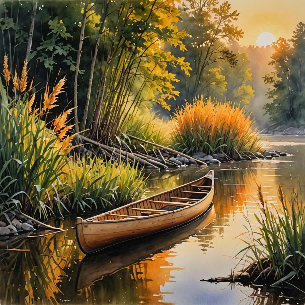 Seneca Canoe on River in Watercolor Painting
