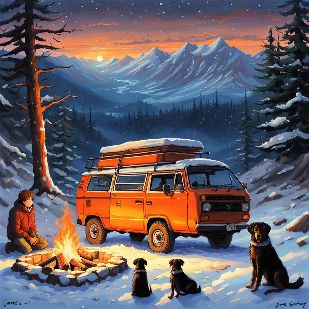 Vanagon Campervan in Snowy Twilight, Anime Oil Painting