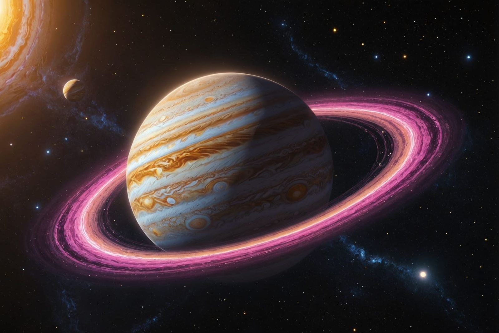 Photorealistic Jupiter with Swirling Neon Rings