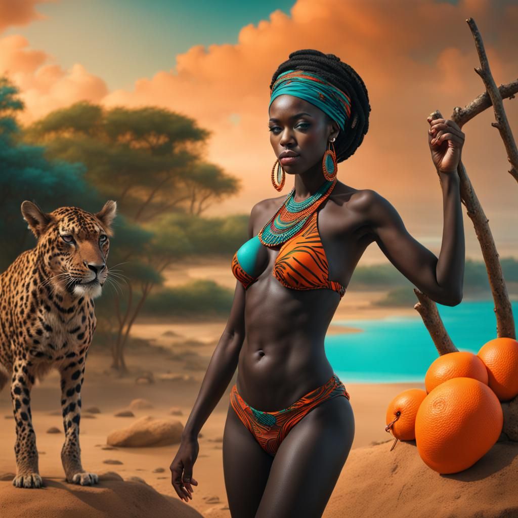 Black Beauty with Cheetah in Orange and Teal Painting