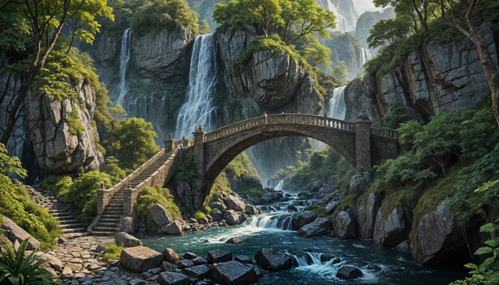 Fantastical Stone Bridge Over Wooded Gorge