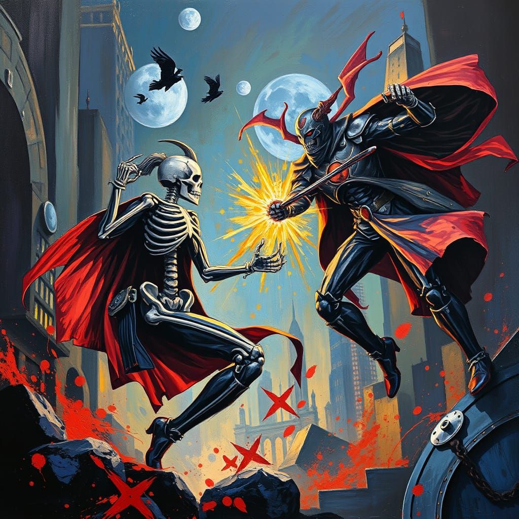 Skeletal Hero Fantaman Battles Doctor Zero in Gothic City