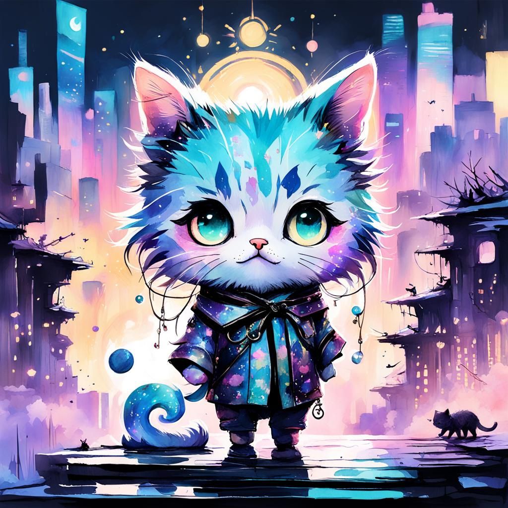 Chibi Kitten Opera Singer in Digital Watercolor