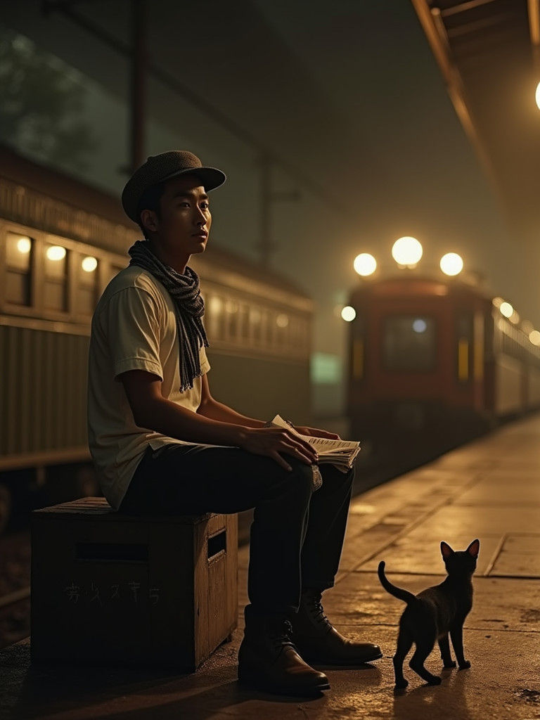 Contemplative Man in 1930s Train Station, Black and White Ph...