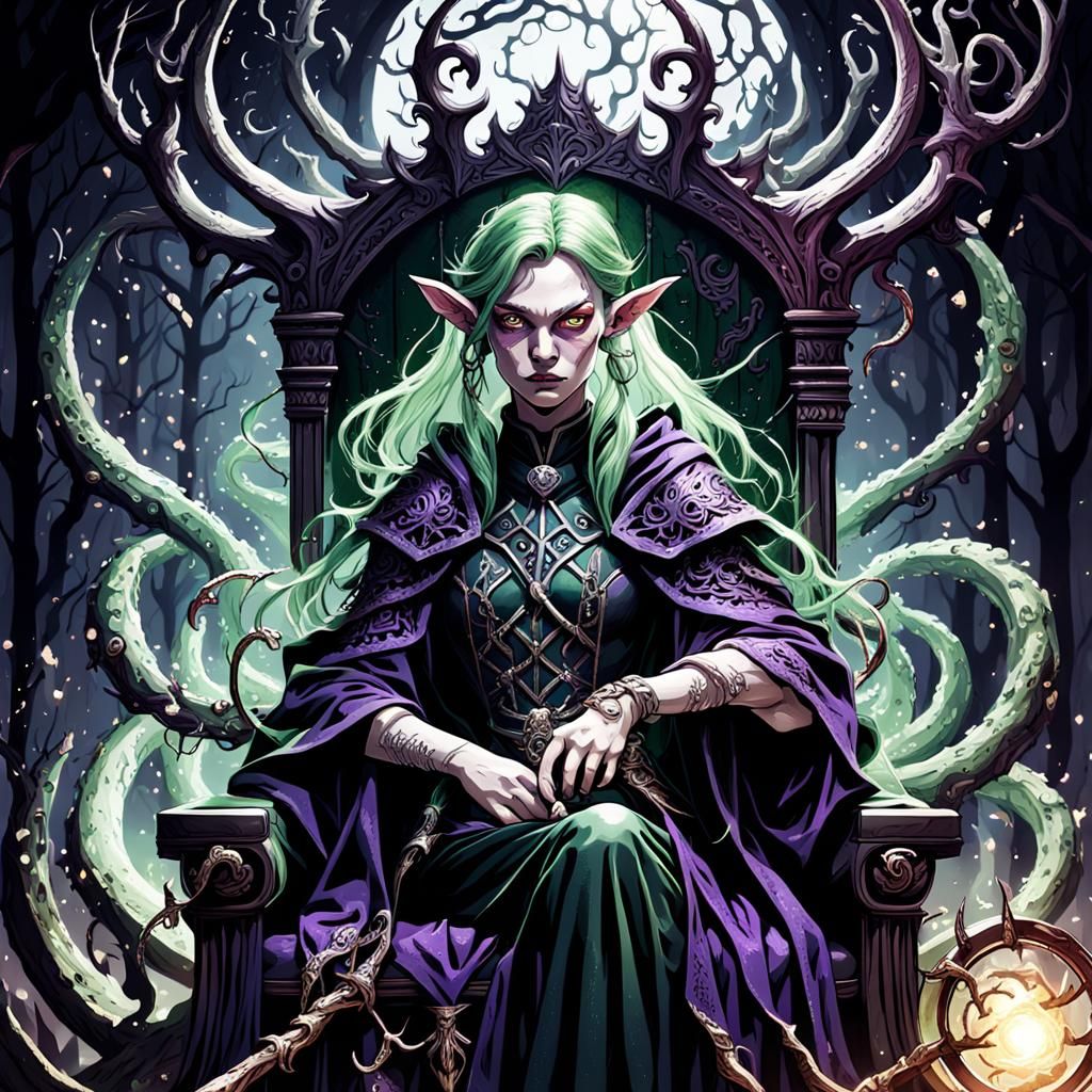 Elf Tentacle Mage on Throne in Dark Fantasy Style